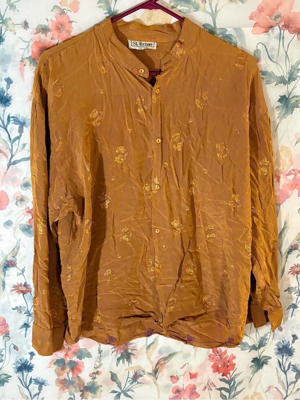 Vintage Women's Golden Brown Embroidered Button-Down Shirt